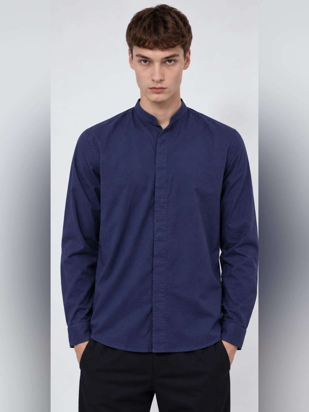 Hugo Boss Band-Collar Lightweight Popper Button Down Shirt in Navy Size XL Slim